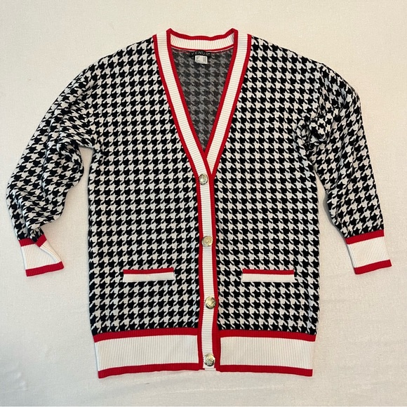 VENUS Sweaters - VENUS Houndstooth Black & White Red Trim Oversized Sweater Retro Cardigan size M